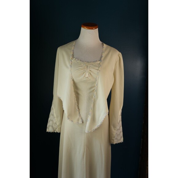 Vintage 70s Empire Waist Cream Maxi Dress Jacket Lace Trim Boho Prairie Bridal - Picture 4 of 16